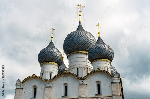 Russia, Rostov, July 2020. Cloudy sky and domes of the Orthodox cathedral.