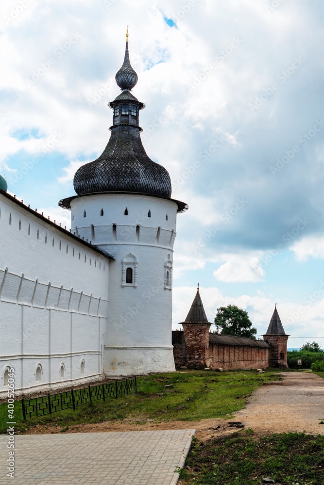 Russia, Rostov, July 2020. Fragment of the fortress wall with a watchtower.