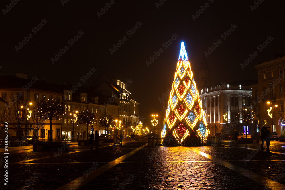 Vilnius Town Hall, Lithuania, Vilnius rotuse with Christmas tree and decorations, night 