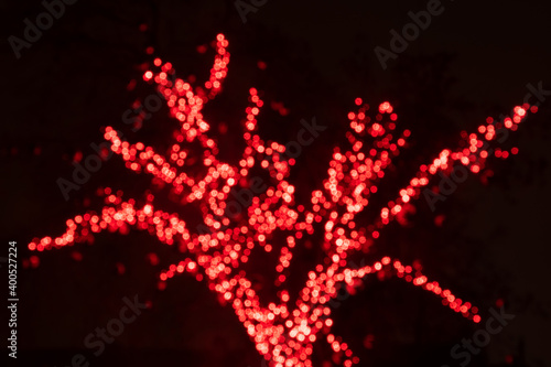 Abstract background redbokeh lights, branches of a tree in winter, warm feeling, warmth, celebration, magic dream, happy Christmas and new year