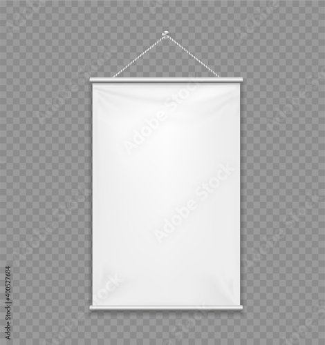 Empty textile banner mockup. Vector 3d realistic. White template hanging on a rope. Rectangular vertical blank for branding and advertising isolated on transparent. Awning, Textiles, PVC, Vinyl. EPS10