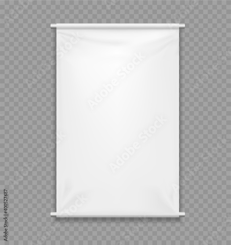 Vector realistic textile banner. Empty Mockup. White blank template for branding and advertising. Rectangular vertical Mock up isolated on transparent. Awning, Textiles, PVC, Vinyl, Banner. EPS10.