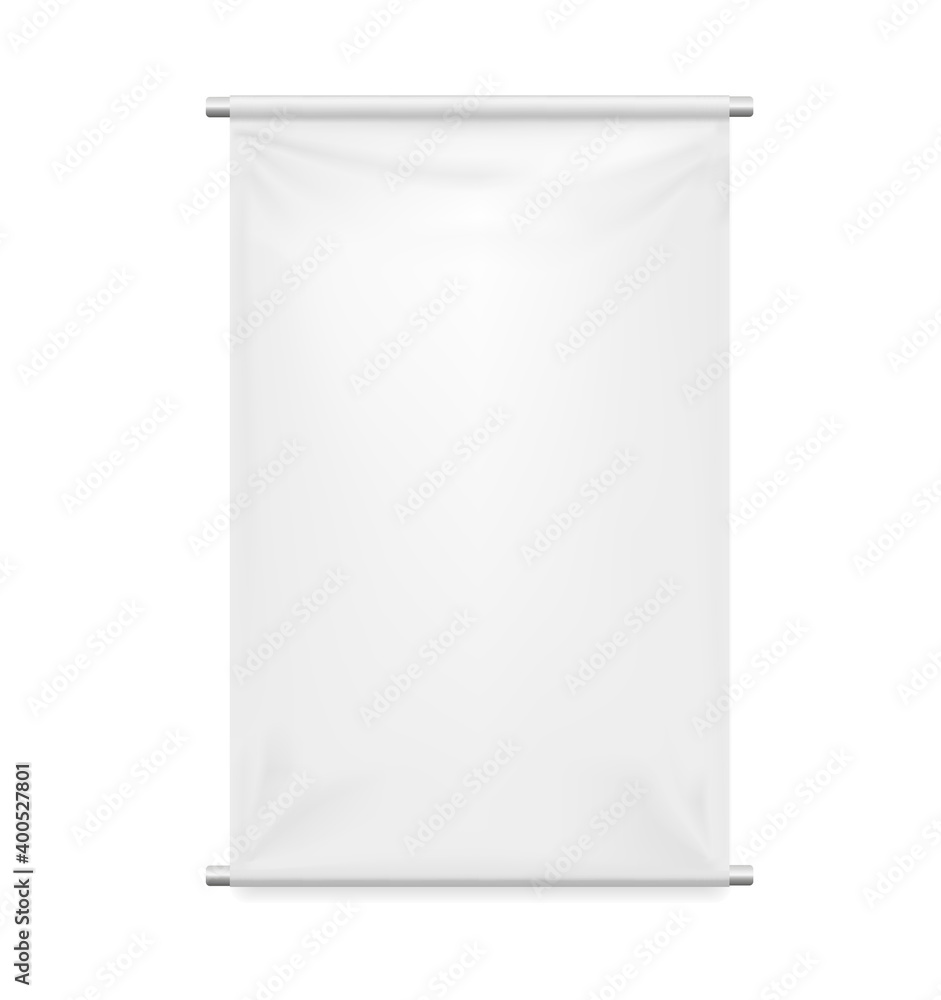 Empty textile banner mockup. Vector 3d realistic. White blank template for branding and advertising. Rectangular vertical shape with two metal pipes. Awning, Textiles, PVC, Vinyl, Nylon, Banner. EPS10 Empty textile banner mockup. Vector 3d realistic. White blank template for branding and advertising. Rectangular vertical shape with two metal pipes. Awning, Textiles, PVC, Vinyl, Nylon, Banner. EPS10
