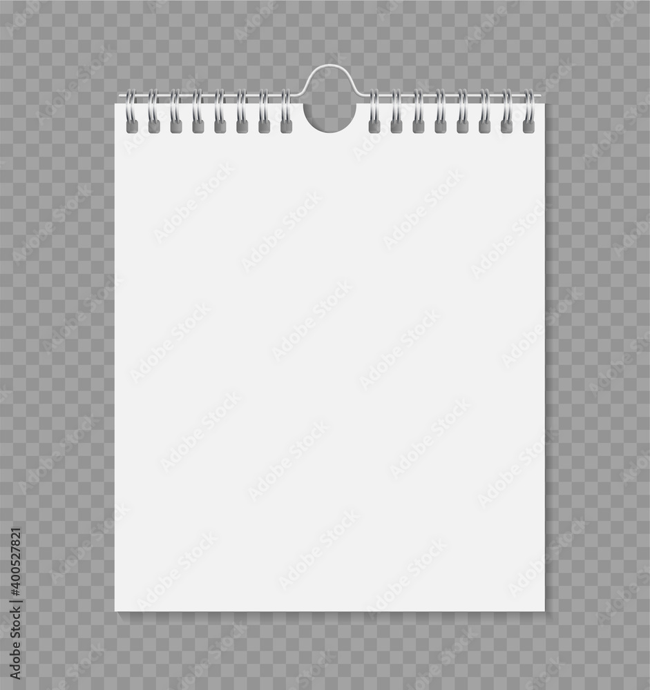 Wall calendar on steel springs. Mockup. Vector 3d realistic. Vertical Empty template on transparent background. EPS10. Wall calendar on steel springs. Mockup. Vector 3d realistic. Vertical Empty template on transparent background. EPS10.