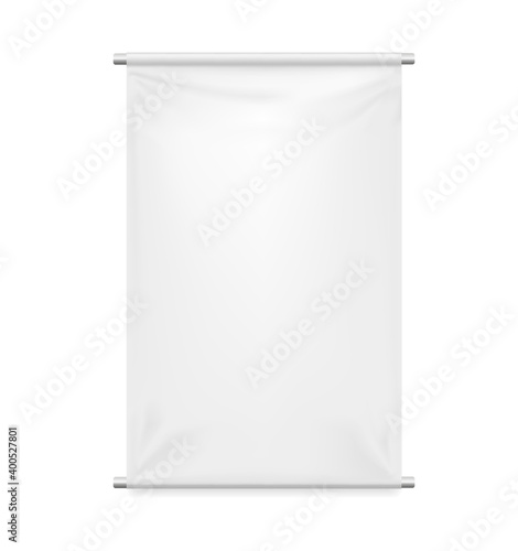 Empty textile banner mockup. Vector 3d realistic. White blank template for branding and advertising. Rectangular vertical shape with two metal pipes. Awning, Textiles, PVC, Vinyl, Nylon, Banner. EPS10