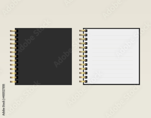 Black Notebook mockup with golden spiral. Square shape. Vector 3d realistic. Open and closed. notepad, organizer, diary. Blank template. Stylish organizer with black cover. EPS10.