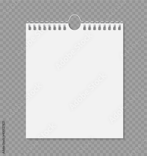 Wall calendar on steel springs. Mockup. Vector 3d realistic. Vertical Empty template on transparent background. EPS10.