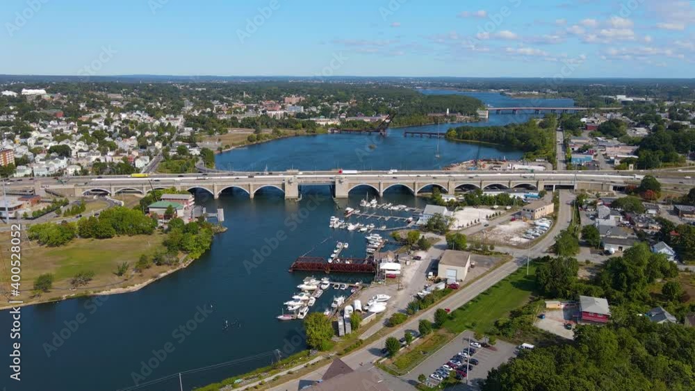 Aerial view of Washington Bridge between City of Providence and East Providence on Seekonk River in Rhode Island RI, USA. Aerial view of Washington Bridge between City of Providence and East Providence on Seekonk River in Rhode Island RI, USA.