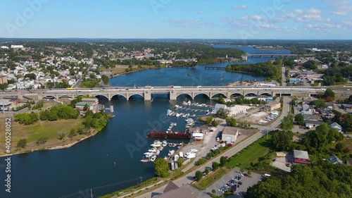 Aerial view of Washington Bridge between City of Providence and East Providence on Seekonk River in Rhode Island RI, USA.  photo