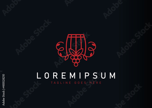 Wine barrel logo design. Icon vector illustration of Young twisting wine branch and barrel. Modern logo design with line art style.