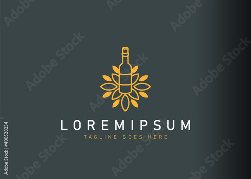 Wine bottle logo design. Icon vector illustration of abstract leaf and wine bottle. Modern logo design with line art style.
