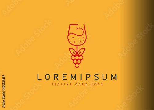 Wine logo design. Icon vector illustration of glass and grape. Modern logo design with line art style.
