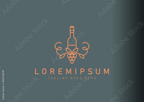 Wine bottle logo design. Icon vector illustration of a bottle of wine and grape. Modern logo design with line art style.