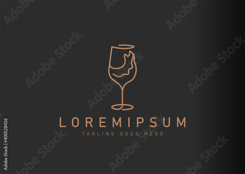 Wine glass line logo design. Icon vector illustration of glass and wine splash. Modern logo design with line art style.