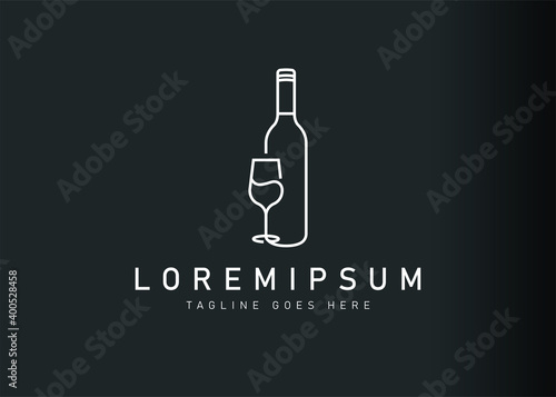 Wine logo design. Icon vector illustration of wine bottle and glass. Modern logo design with line art style.