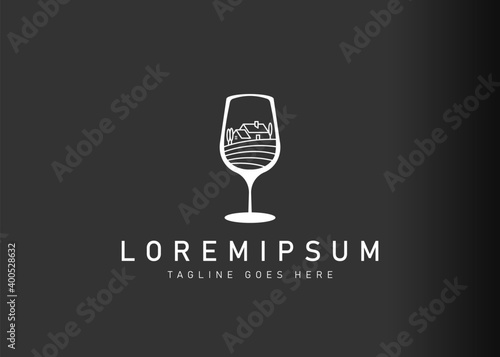 Wine glass logo design. Icon vector illustration of vineyards and wine cellars. Modern logo design with line art style.