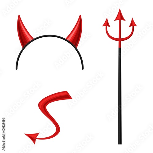 Devils horns head gear, trident and tail isolated on white background. Demon costume, halloween mask, party time, devil wears. Vector illustration