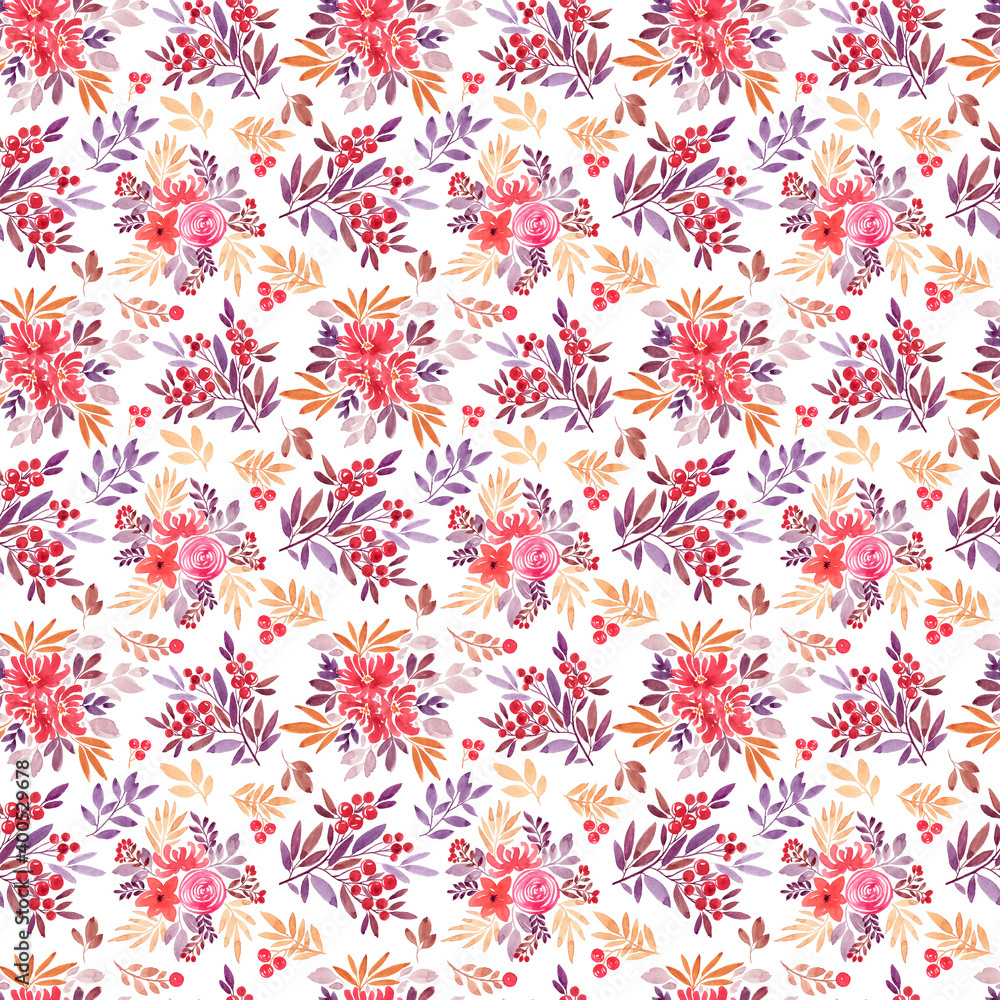 Beautiful yellow and pink watercolor flowers and leaves on a white background. Seamless pattern for greeting card design, invitation card, printing, booklet, packaging paper, etc.