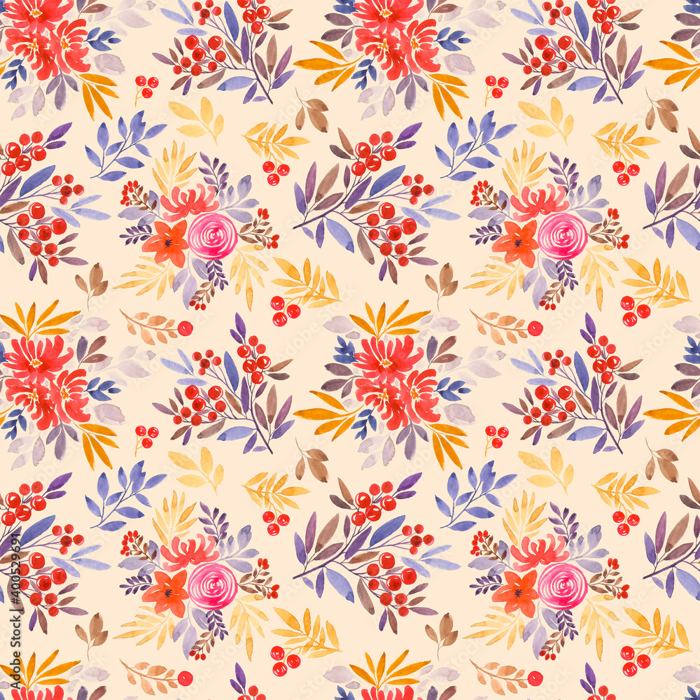 Beautiful old-fashioned yellow and pink watercolor flowers. Seamless retro pattern for greeting card design, invitation card, printing, booklet, packaging paper, etc.