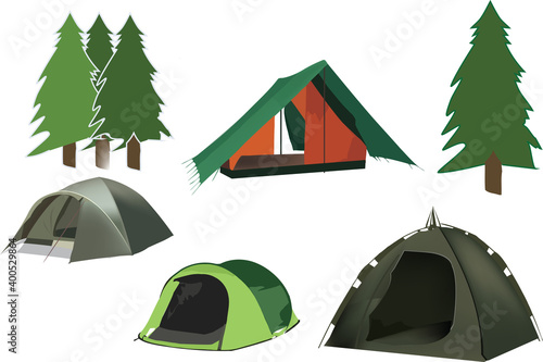 various camping tents with pine figures