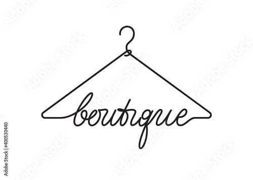 Creative boutique logo design. Vector sign with lettering and hanger symbol