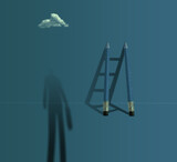 business vision creative concept: businessman standing front a pencil ladder with 3d stepladder shadows 