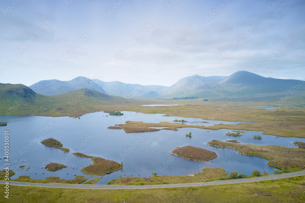 Rannoch moor aerial view and the West Highland Way walk path