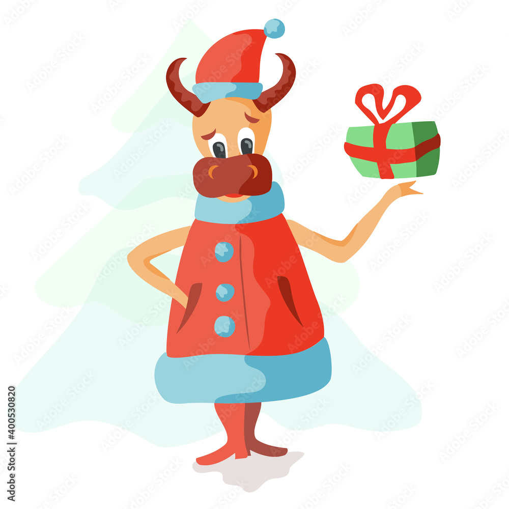 The bull is a symbol of the new year 2021. Cartoon bull dressed as Santa Claus with a gift. Children's holiday vector illustration..