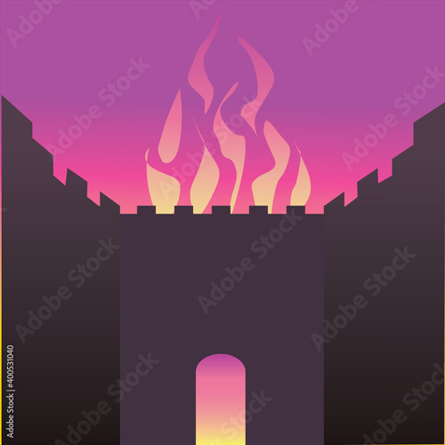The wall of the Temple in Jerusalem is burning.
Vector drawing of a black silhouette of a gate made of ancient stones and behind it a burning fire that also comes out of the round gate