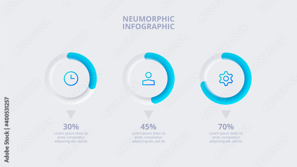 Neumorphic elements for infographic. Template for diagram, graph, presentation and chart. Skeuomorph concept with 3 options, parts, steps or processes