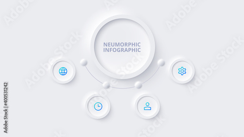 Neumorphic circle element for infographic. Template for diagram, graph, presentation and chart. Skeuomorph concept with 4 options, parts, steps or processes