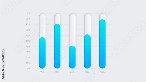 Neumorphic column chart infographic. Skeuomorph concept with 5 options  parts  steps or processes