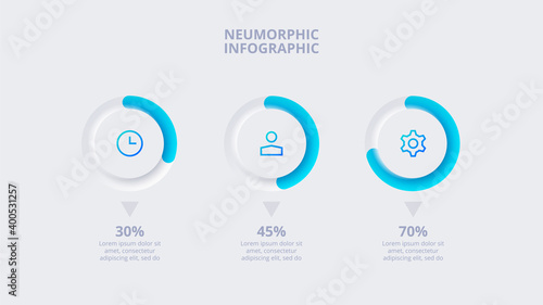 Neumorphic elements for infographic. Template for diagram, graph, presentation and chart. Skeuomorph concept with 3 options, parts, steps or processes