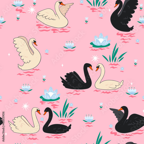 Seamless pattern with swans on the pond. Vector graphics.