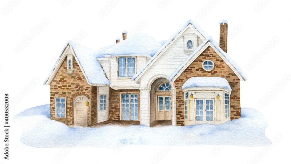 A cozy stone winter house with a snow-covered roof hand drawn in watercolor isolated on a white background. Watercolor illustration. Winter cottage. Winter landscape. A cozy stone winter house with a snow-covered roof hand drawn in watercolor isolated on a white background. Watercolor illustration. Winter cottage. Winter landscape.
