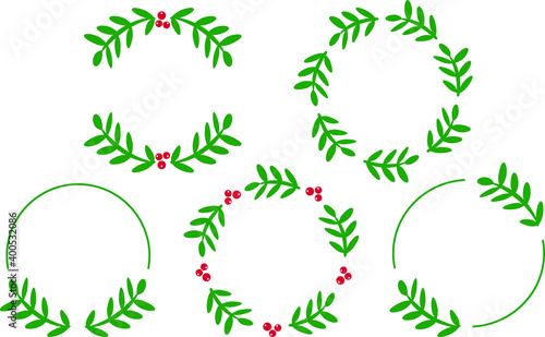 Holly wreaths, set of 5 compositions. For decorating cards, wedding invitations, New Year's cards. Vector illustration.