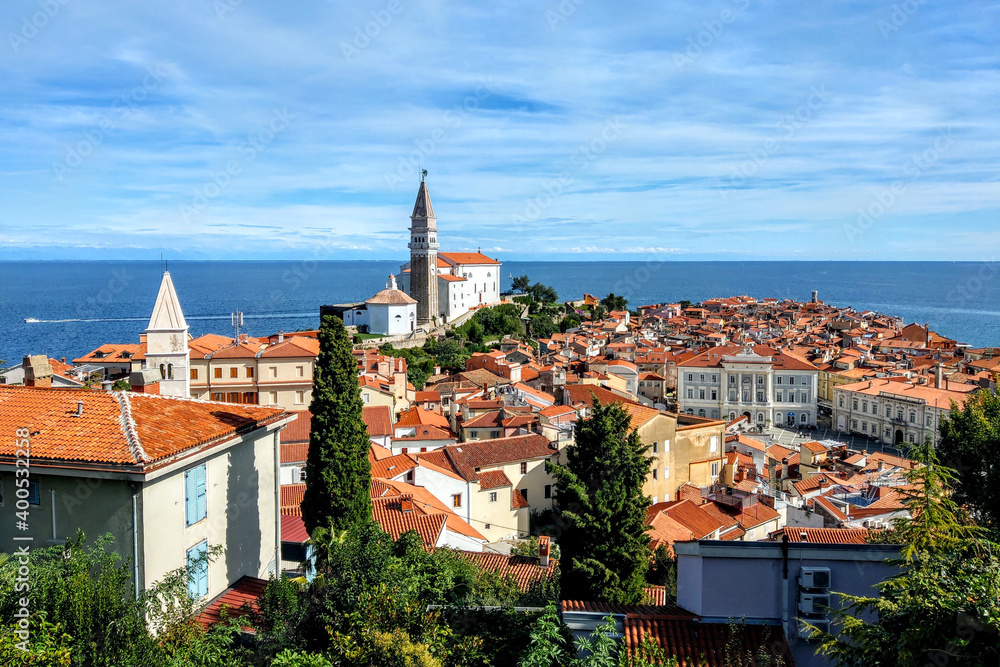 A beautiful embankment of the town of Piran on the shores of the Adriatic Sea.