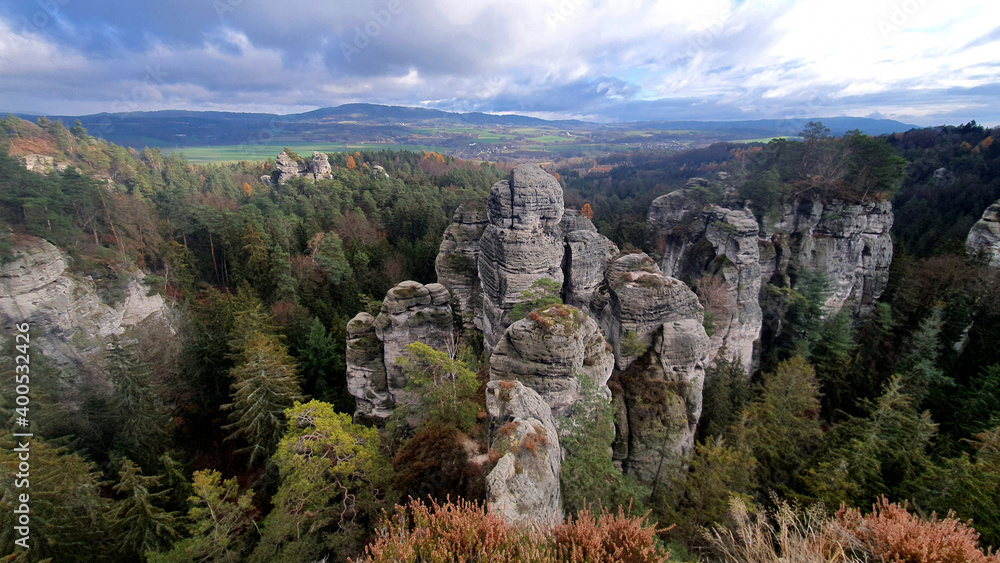 Bohemian Paradise beautiful landscape in the Czech Republic stock images. Sandstone cliff in Bohemian Paradise. Beautiful autumn landscape with rocks and forests stock photo