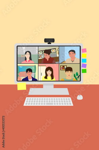 Online meeting, Video conference, work from home job, smart phone size, home, telework, live, web banner, web header, footer, flier, blue, frame, copy space, vector illustration, graphic, web camera,