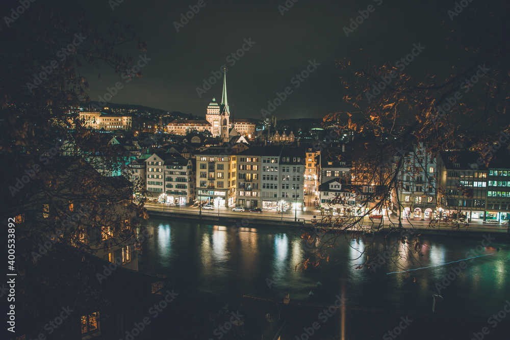 Night time view of Zurich, Switzerland from Lindenhof