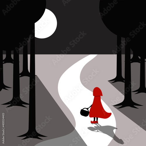 Llittle red riding hood in dark forest. vector illustration.