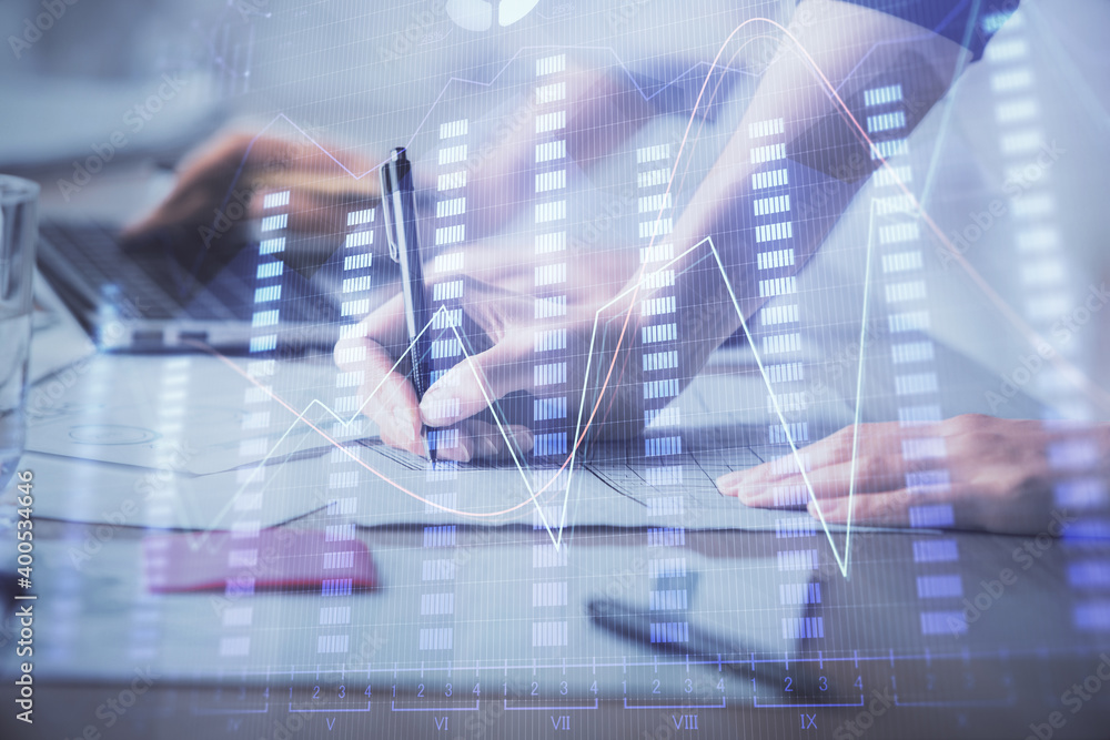 Multi exposure of woman hands typing on computer and financial chart hologram drawing. Stock market analysis concept. Multi exposure of woman hands typing on computer and financial chart hologram drawing. Stock market analysis concept.