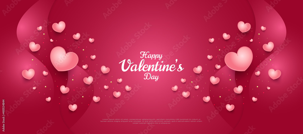 Happy Valentine's Day banner with cute 3d hearts spread on red gradient background. Holiday gift card. Romantic background with 3d decorative objects. Vector illustration