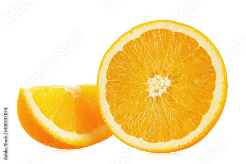 Orange fruit with orange slices isolated on white background.