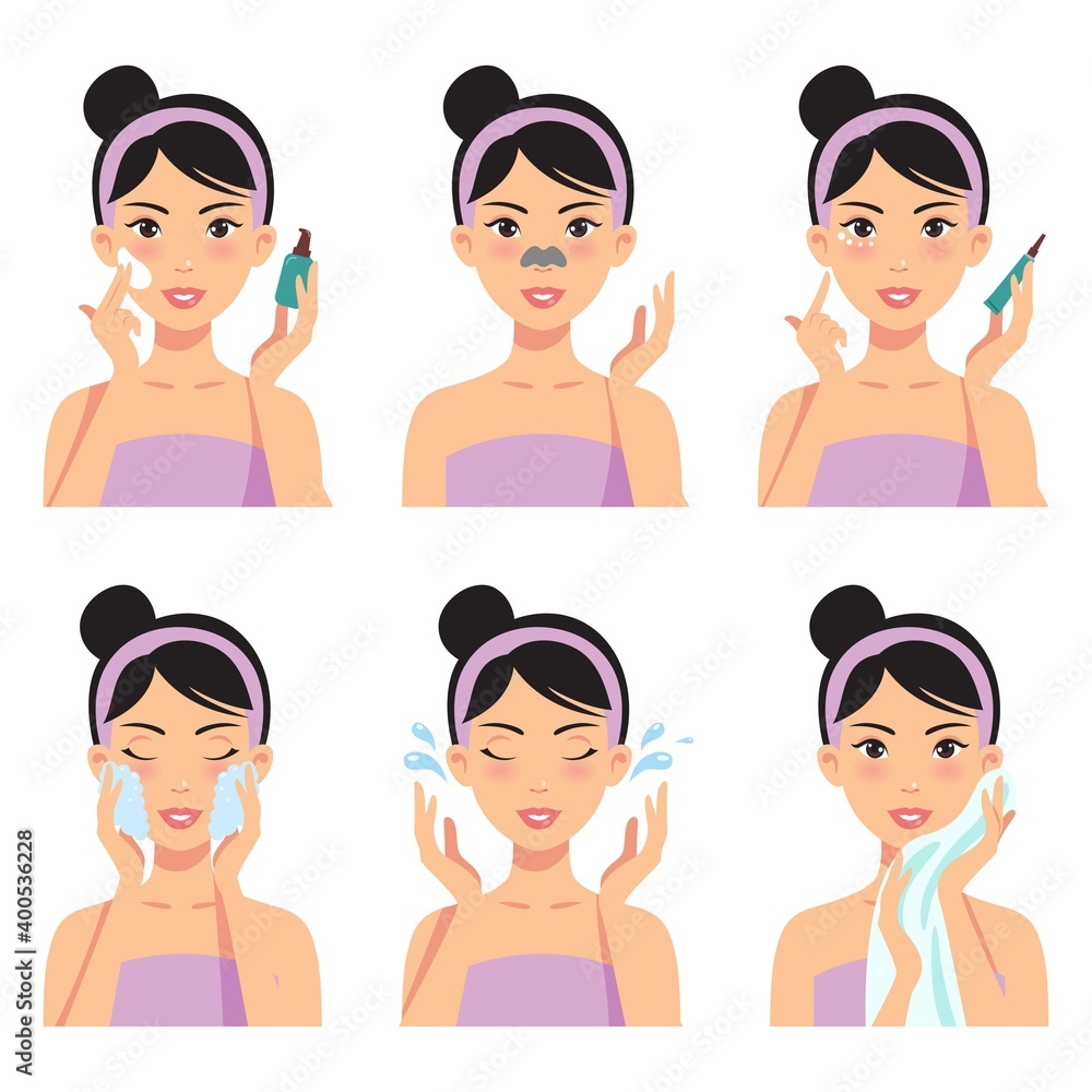 Beautiful girl cleaning and care her face with various actions, facial, treatment, beauty, healthy, hygiene, lifestyle, female vector illustration set isolated on white background. Beautiful girl cleaning and care her face with various actions, facial, treatment, beauty, healthy, hygiene, lifestyle, female vector illustration set isolated on white background.