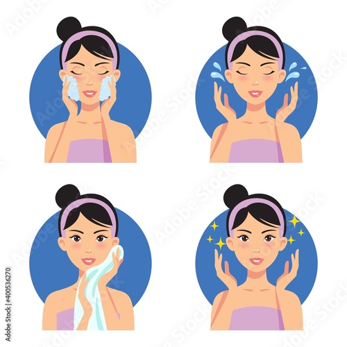 Skin care face cleanse washing beauty regimen vector illustration