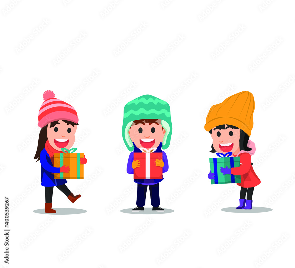 three children holding gift boxes in winter clothes three children holding gift boxes in winter clothes