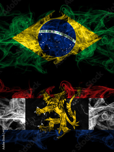 Brazil  Brazilian vs Benelux smoky mystic flags placed side by side. Thick colored silky abstract smoke flags.