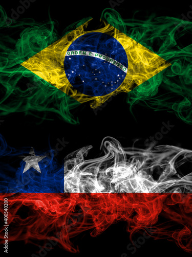 Brazil  Brazilian vs Chile  Chilean smoky mystic flags placed side by side. Thick colored silky abstract smoke flags.