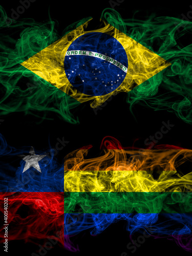 Brazil  Brazilian vs Chile  Chilean  Gay smoky mystic flags placed side by side. Thick colored silky abstract smoke flags.